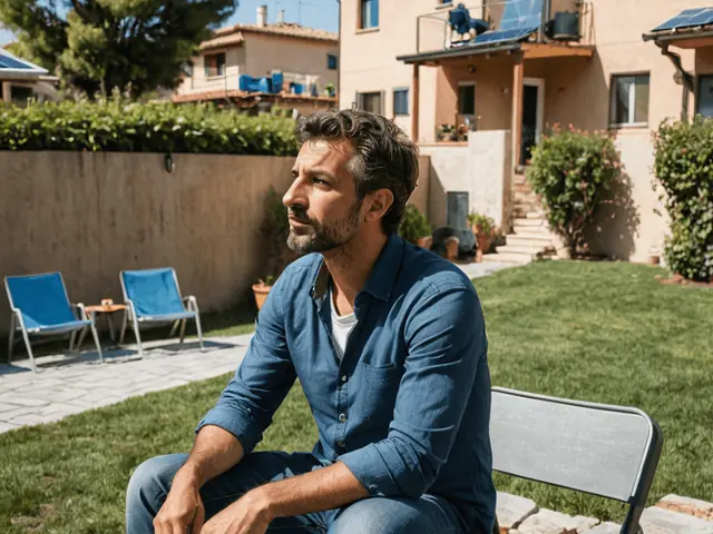 A man sitting in a sunny garden in front of homes with solar panels