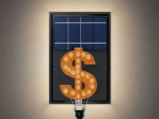 Solar panel with an illuminated dollar sign mounted on a wall