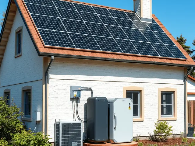 Home with solar panels, a battery storage unit and an air conditioner