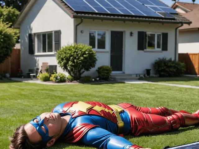 Illustration of a man in a superhero costume lying on the lawn in front of a home with solar panels